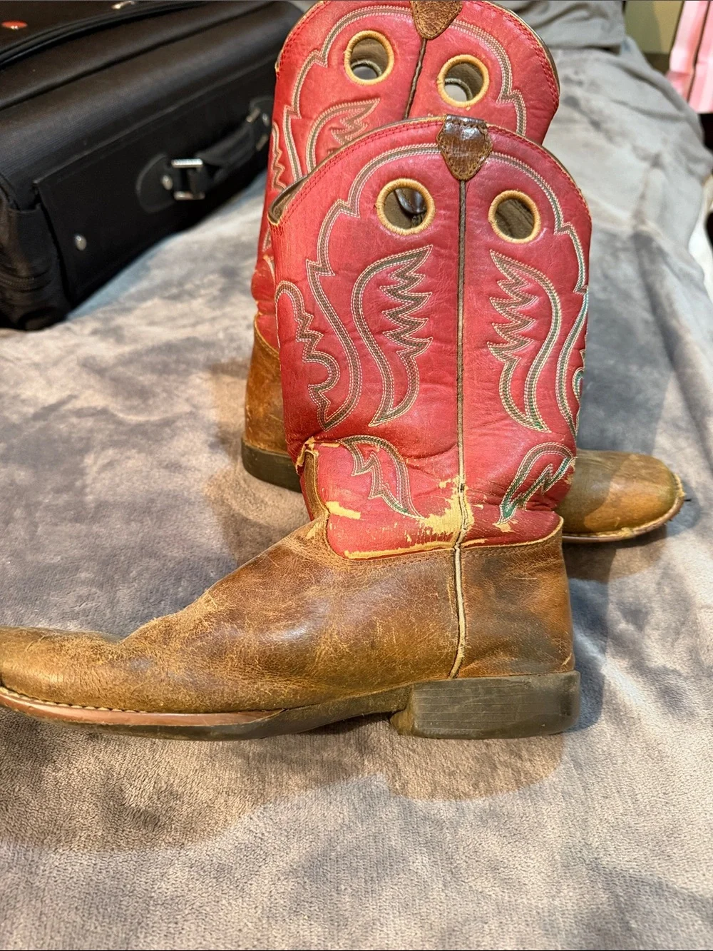 Worn Justin Boots Kids Red and Brown Western Pull-On Cowboy Boots